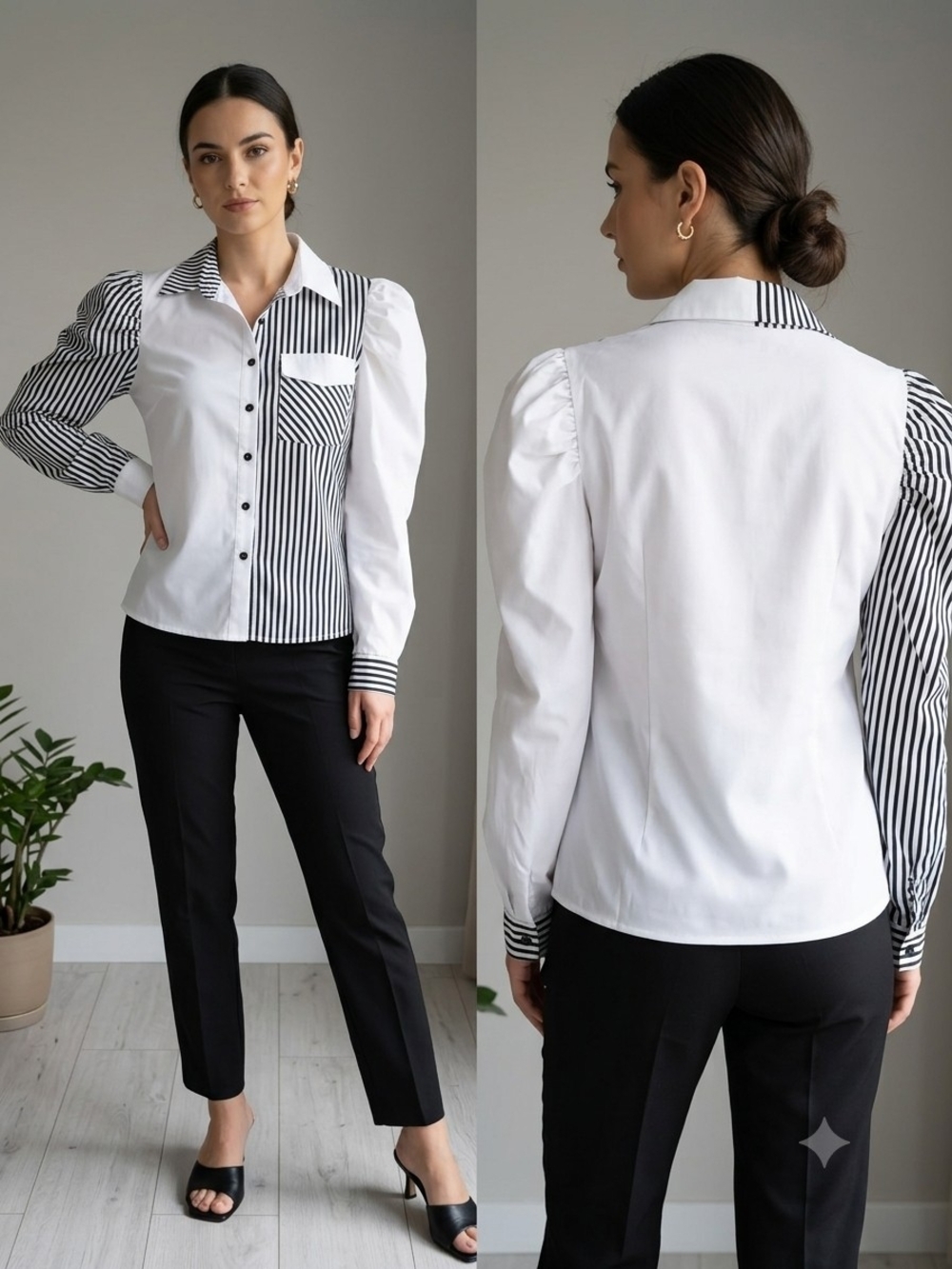 Women's Black & White Striped Panel Button-Up Blouse